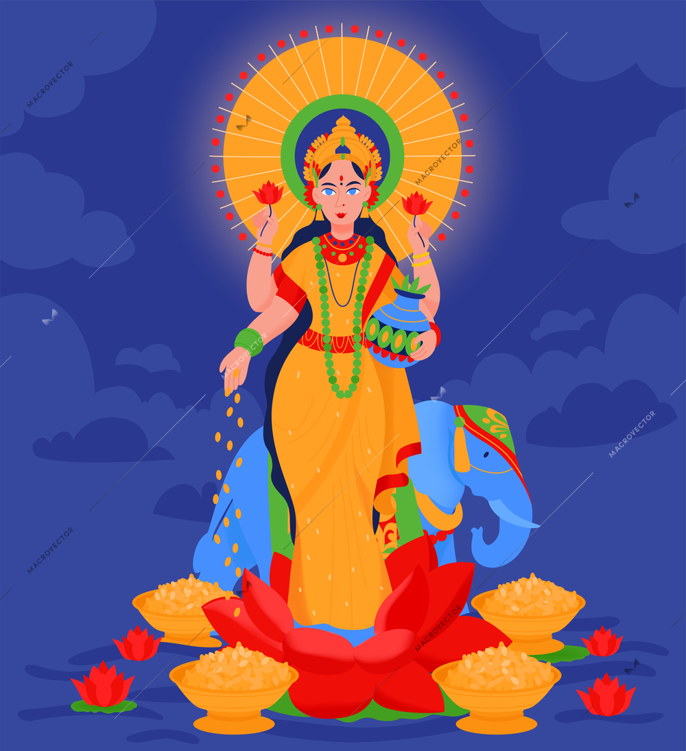 Ancient indian hindu god lakshmi composition deity in golden dress with four arms stands among flowers vector illustration