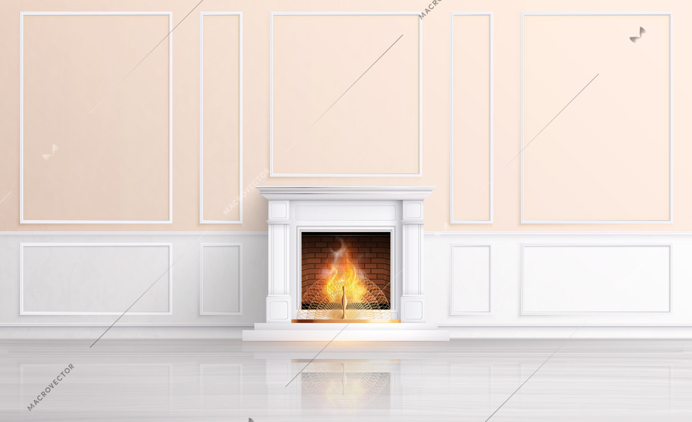 Fireplace realistic composition with indoor view of modern interior with pastel walls and fire in chimney vector illustration