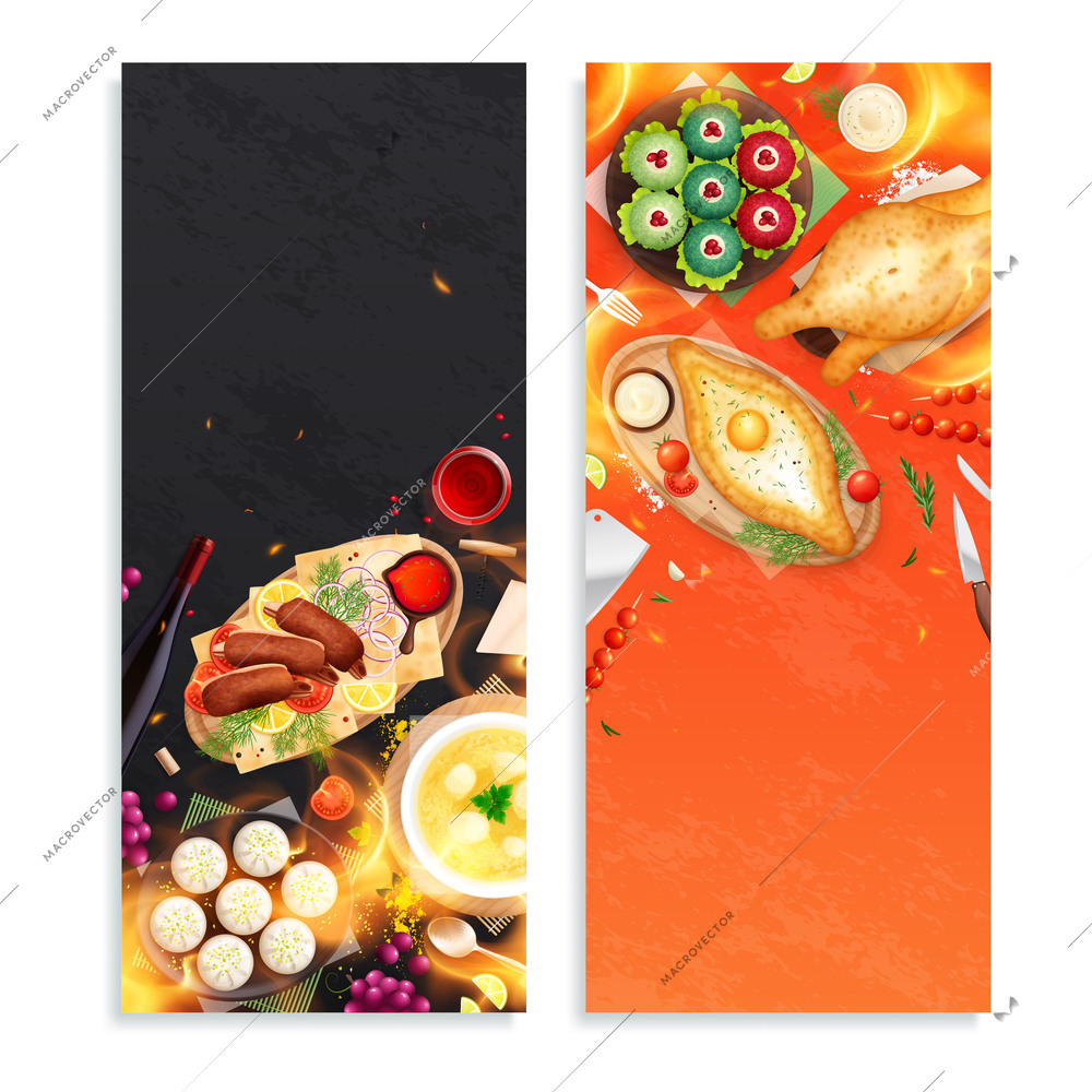 Georgia cuisine set of two vertical banners with flat images of georgian dishes served on plates vector illustration