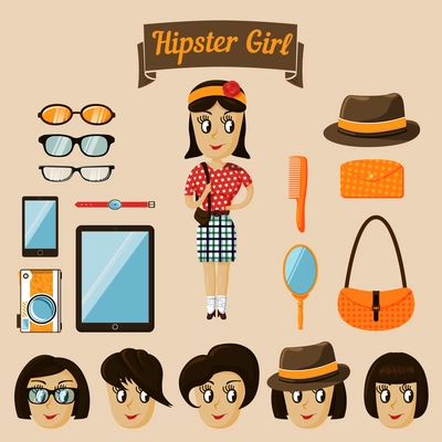 Hipster character elements for nerd woman with customizable face look and clothing vector illustration