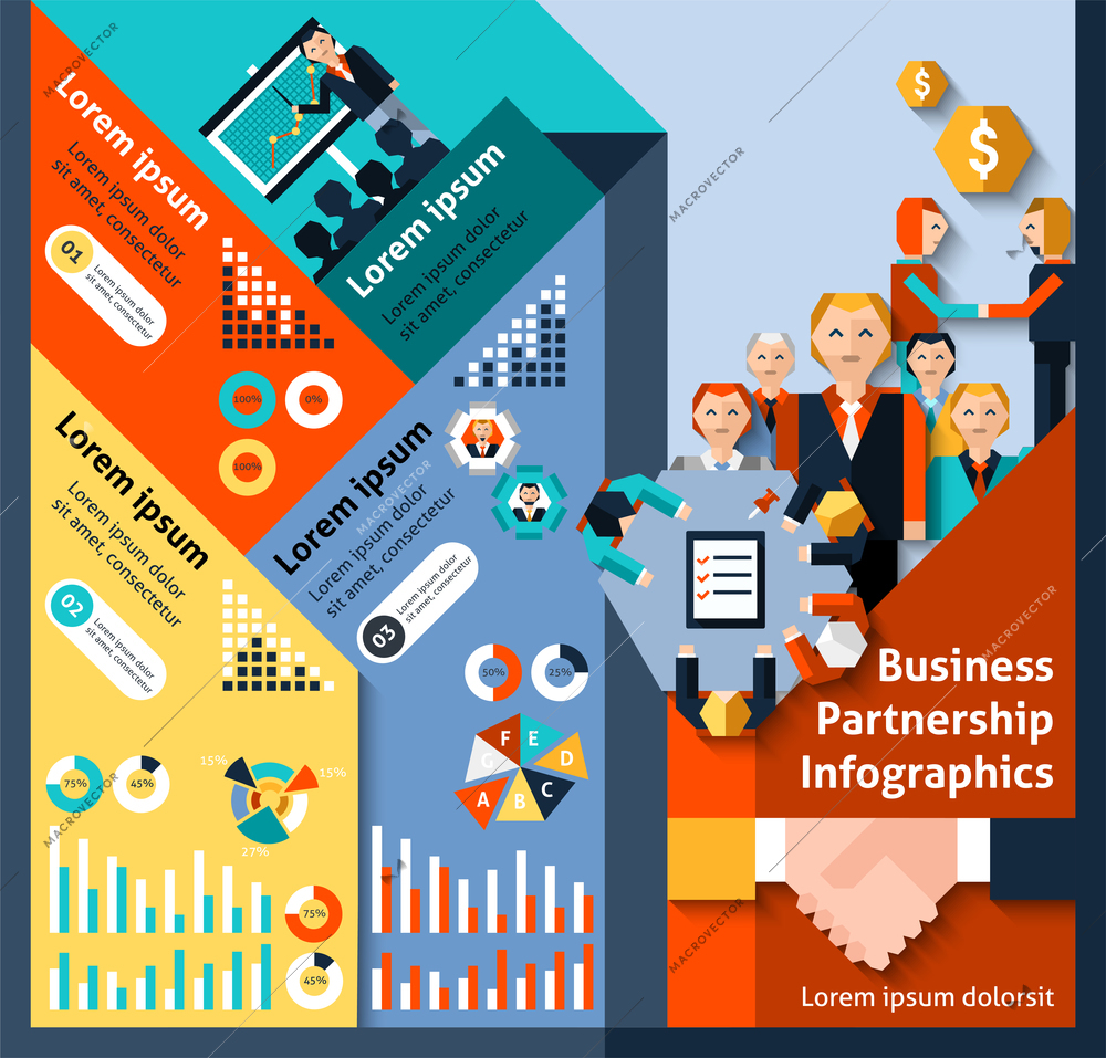 Business partnership infographics set with workforce management teamwork elements and charts vector illustration