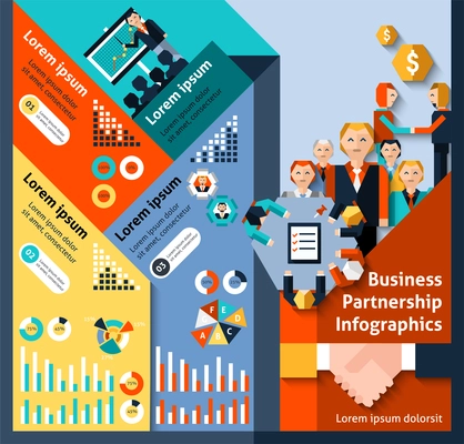 Business partnership infographics set with workforce management teamwork elements and charts vector illustration