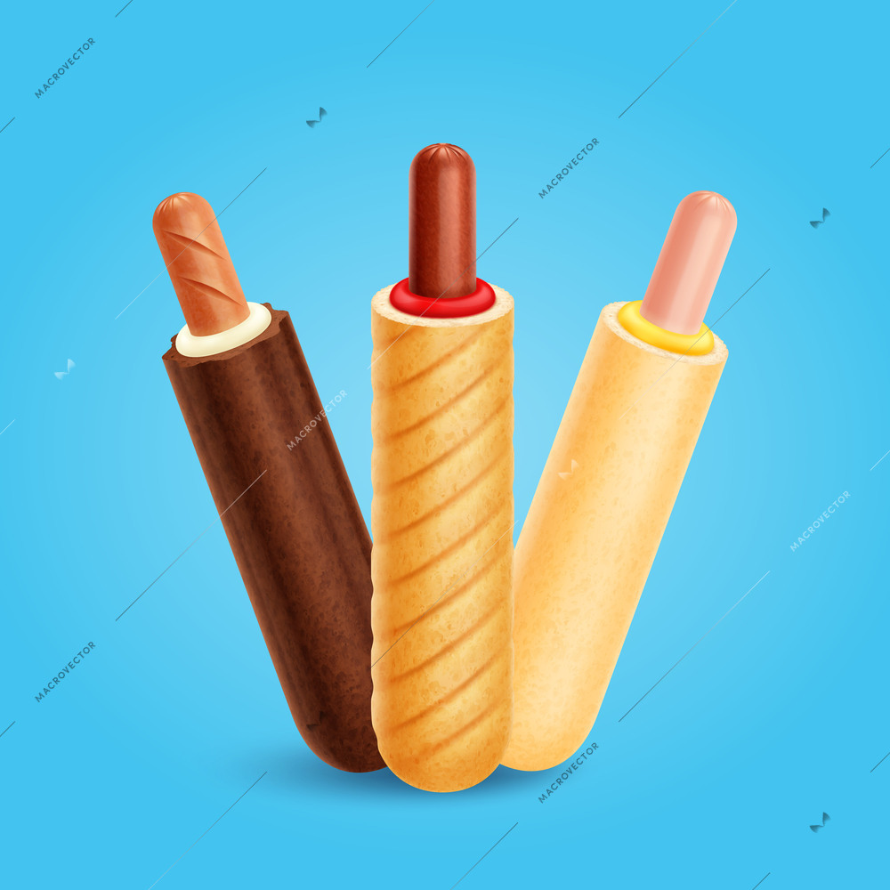 French hot dog realistic composition with set of three hotdogs made with different bread and sausages vector illustration