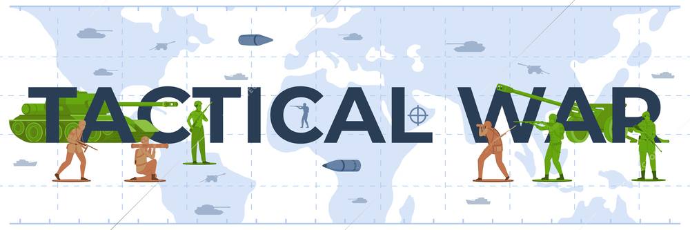 World war tactical map flat background with military men and text vector illustration