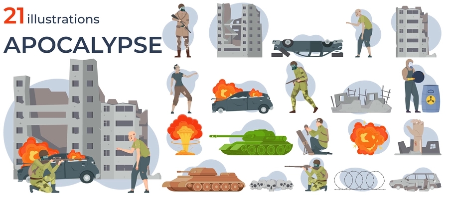 Flat icons apocaliptic set with armored people and atomic explosions isolated vector illustration