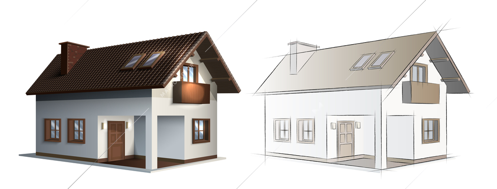 Realistic modern house drawing concept set with perspective symbols isolated vector illustration