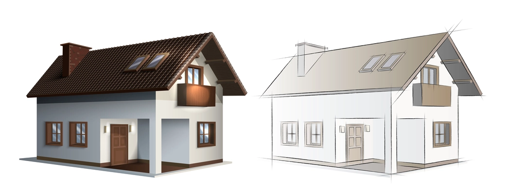 Realistic modern house drawing concept set with perspective symbols isolated vector illustration