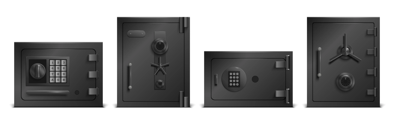 Black safe lockers doors set with storage symbols realistic isolated vector illustration