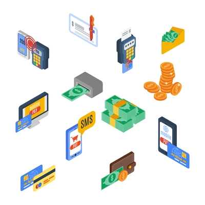 Payment icons isometric money financial commerce 3d elements set isolated vector illustration