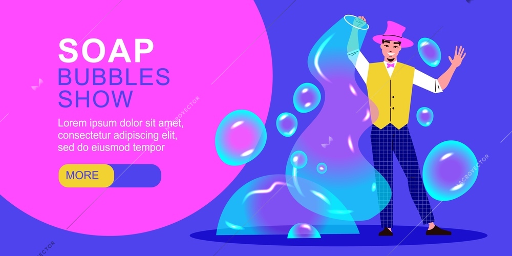 Soap show horizontal banner with artist making colorful bubbles flat vector illustration