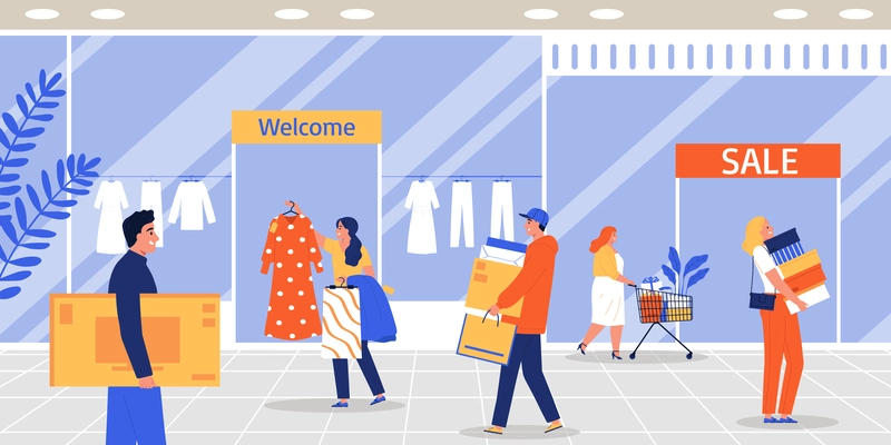 Big sale composition with people shopping in fashion store vector illustration