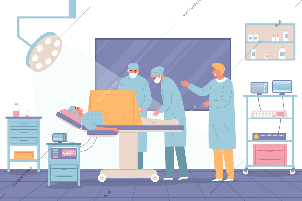 Pregnant woman giving childbirth in hospital scene flat vector illustration
