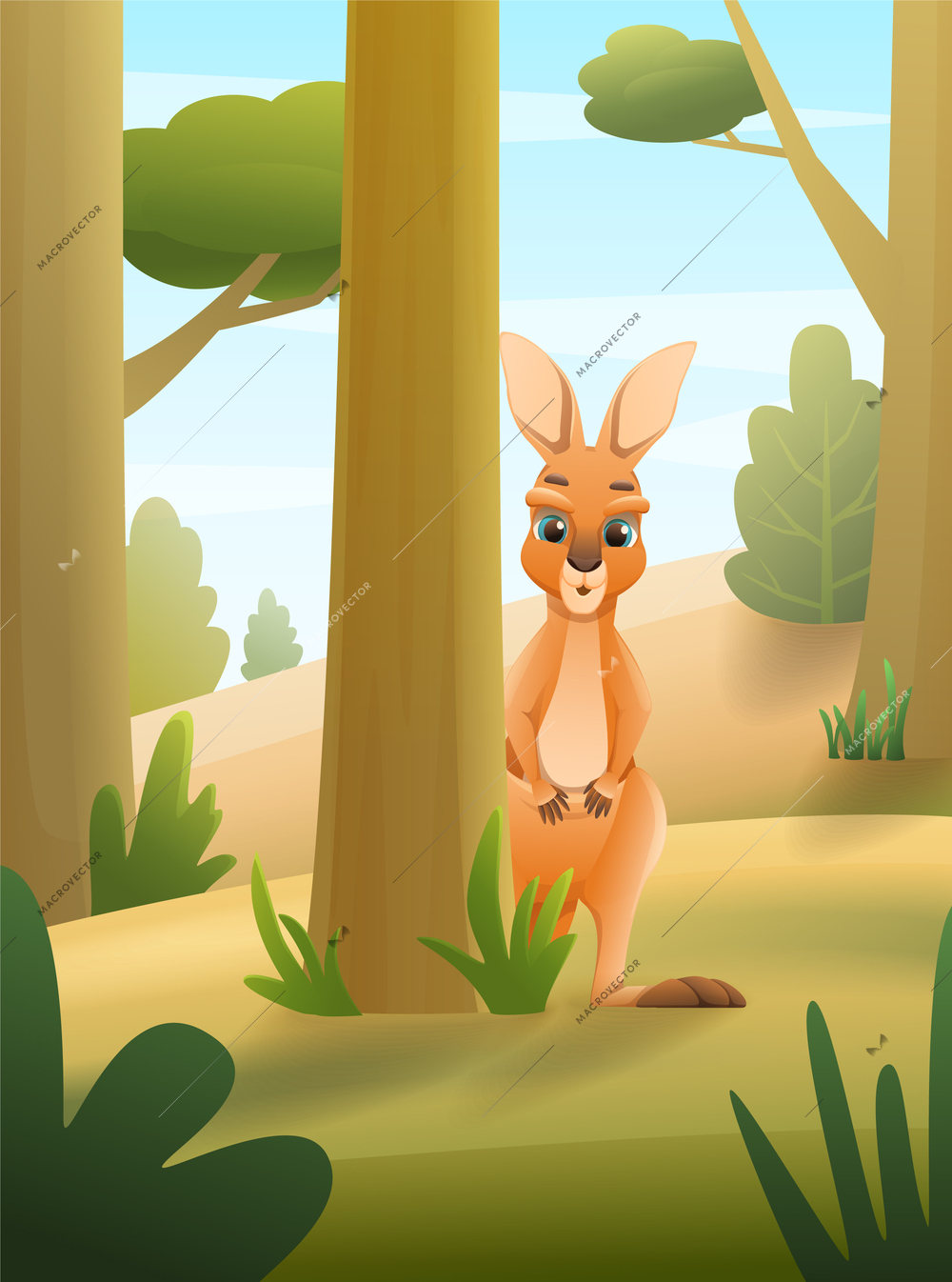 Cute curious kangaroo looking out from behind tree in forest cartoon vector illustration