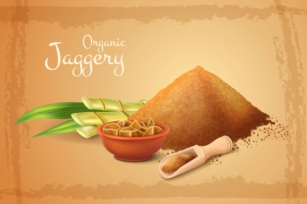 Organic jaggery powder and blocks with fresh sugar cane on color background realistic vector illustration