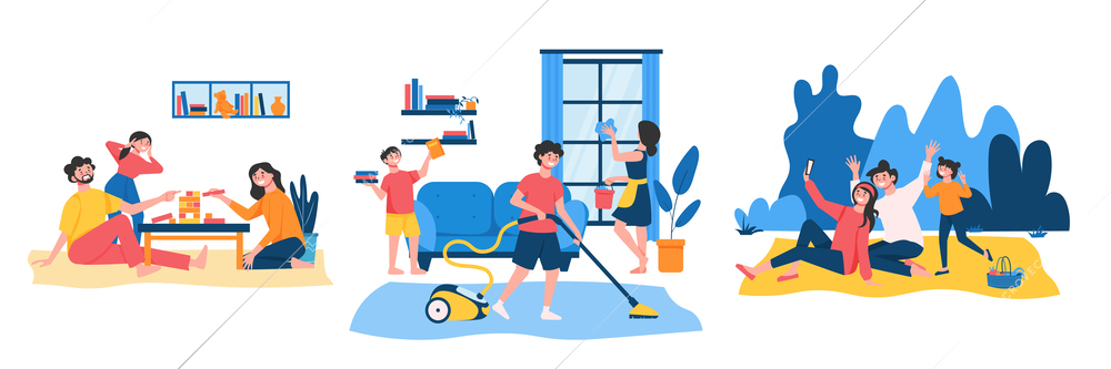 Family routine design concept with views of family members performing home cleanup works and relaxing outdoors vector illustration