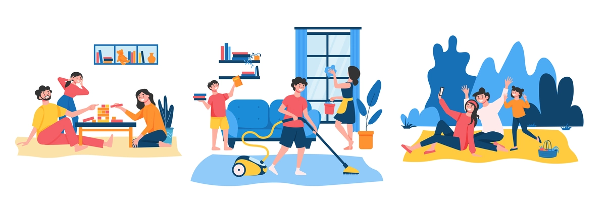 Family routine design concept with views of family members performing home cleanup works and relaxing outdoors vector illustration