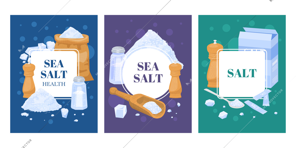 Sea salt flat cards set of three vertical compositions with piles of salt packages and text vector illustration
