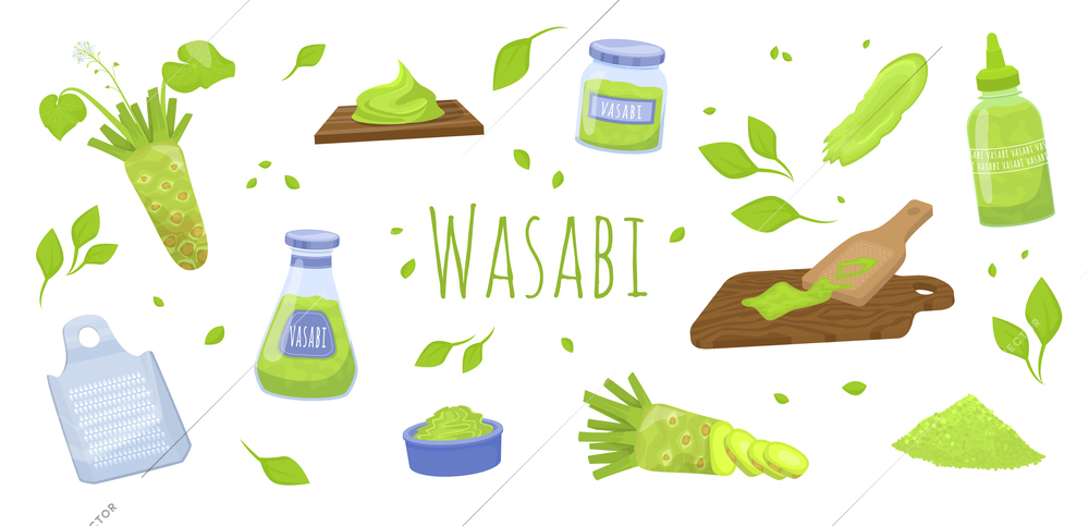 Wasabi sauce flat composition with isolated text surrounded by green powder leaves and cut plant icons vector illustration