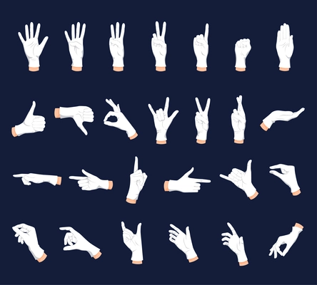 Human hands gestures flat set with isolated icons of white palm hands raising fingers showing flourishes vector illustration