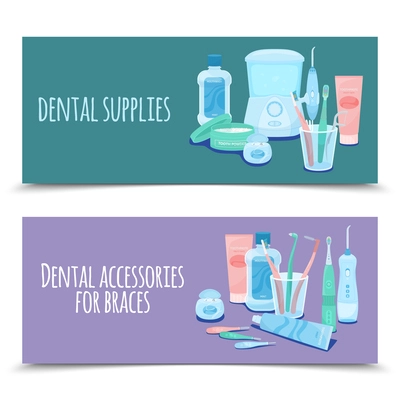 Dental hygiene set of two horizontal banners with flat images of toothpastes toothbrushes and ornate text vector illustration
