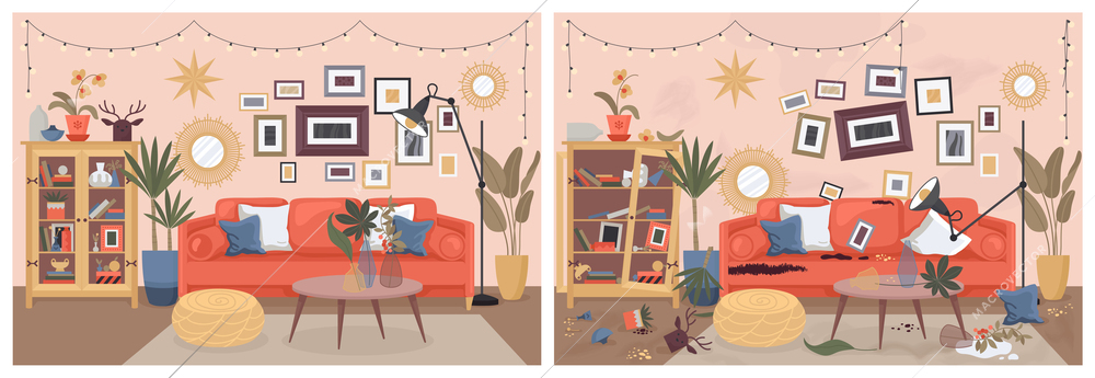 Dirty and clean living room interior set of two compositions with views before and after cleanup vector illustration