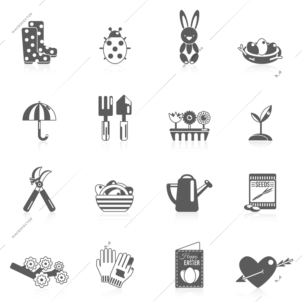 Spring icon black set with seasonal insects plants symbols isolated vector illustration