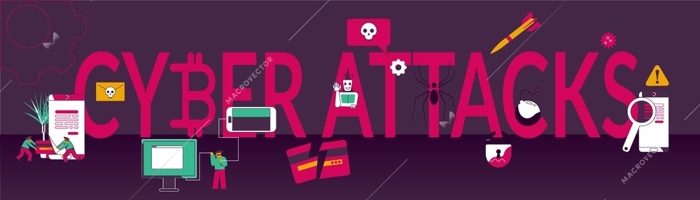 Horizontal black banner with cyber attacks text in red large letters and icons of hacker activity on computer systems and smartphone flat vector illustration