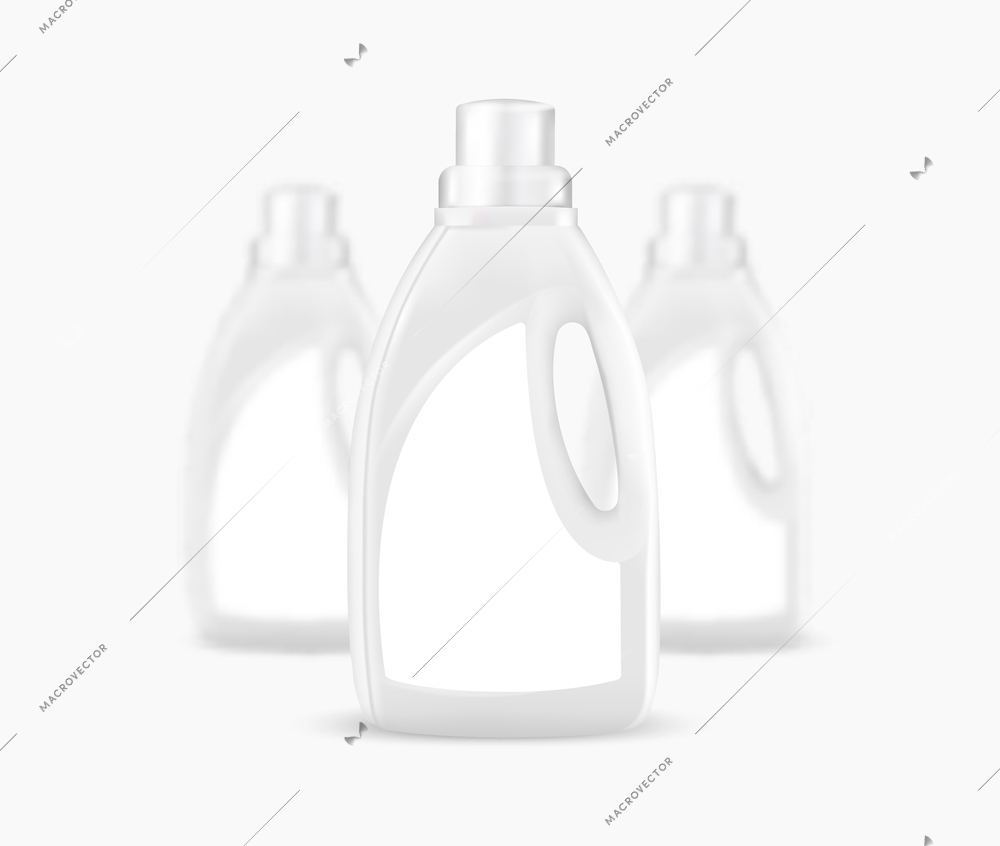 Detergent bottles mockup realistic composition with blurred and clear objects on blank background vector illustration