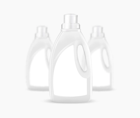 Detergent bottles mockup realistic composition with blurred and clear objects on blank background vector illustration