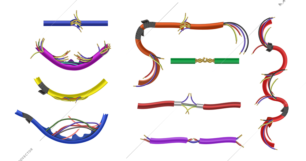 Damaged electric cables of different colour and length realistic set isolated vector illustration