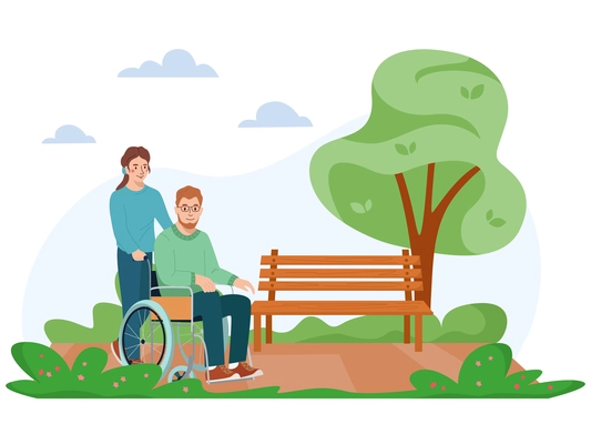 Charity flat composition with outdoor park scenery and disabled person on wheelchair carried by female volunteer vector illustration
