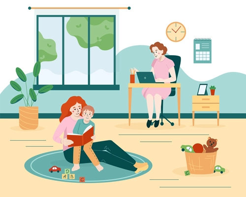 Babysitter flat composition with home scenery and nanny playing with infant boy while his mother works vector illustration