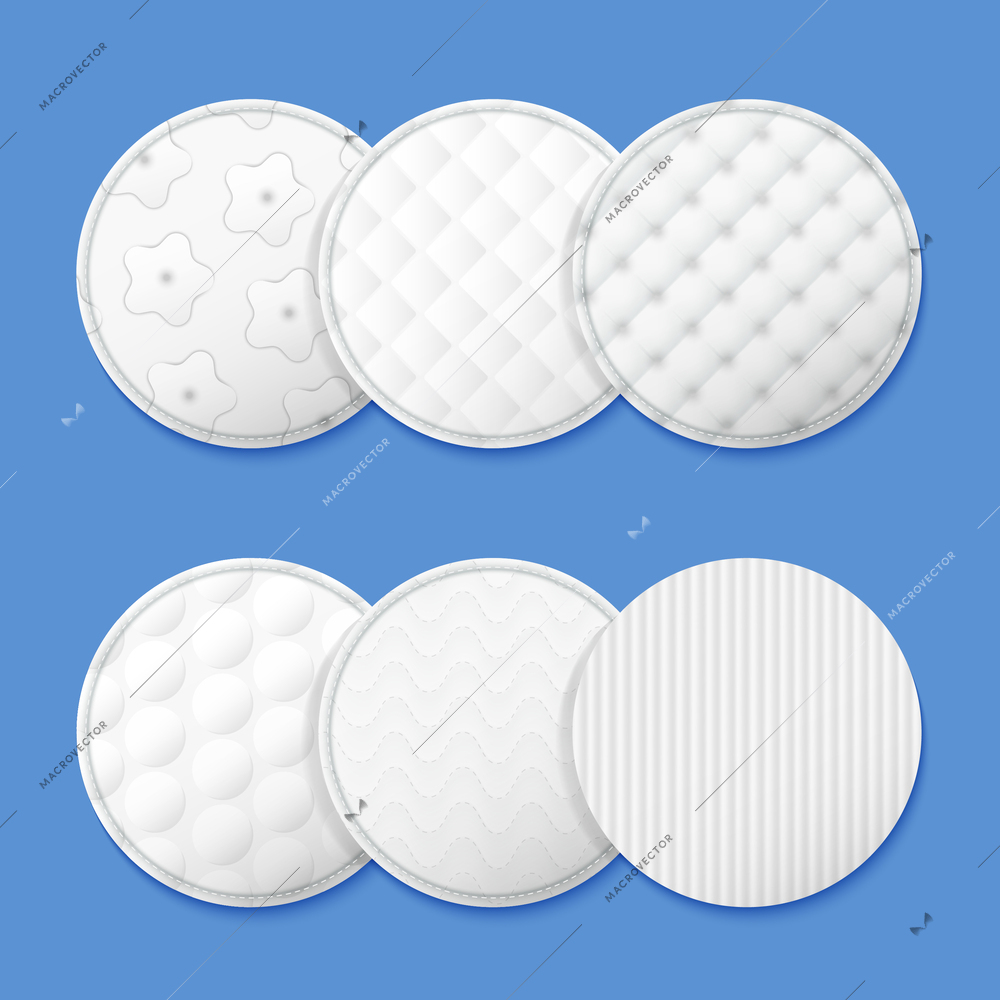 Realistic cosmetic cotton pads composition round cotton pads with different patterns on the surface vector illustration