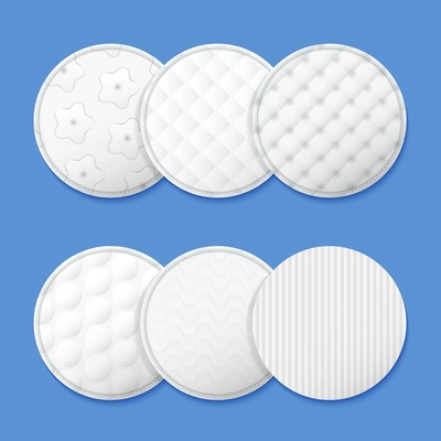 Realistic cosmetic cotton pads composition round cotton pads with different patterns on the surface vector illustration