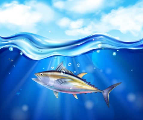 Realistic and colored tuna sea composition fish swimming in the ocean underwater vector illustration