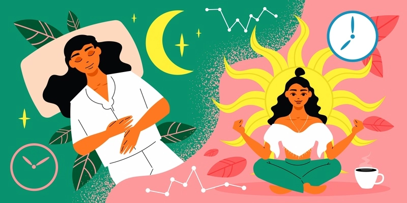 Healthy circadian rhythm concept with sleeping and awakening woman flat vector illustration