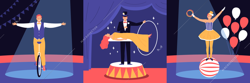 Circus flat concept set with magician and acrobat performers vector illustration