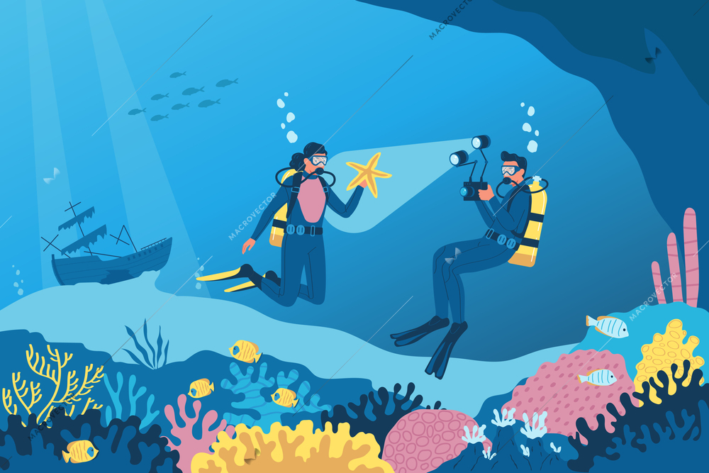 Diving flat concept with divers swimming undersea in coral reefs vector illustration