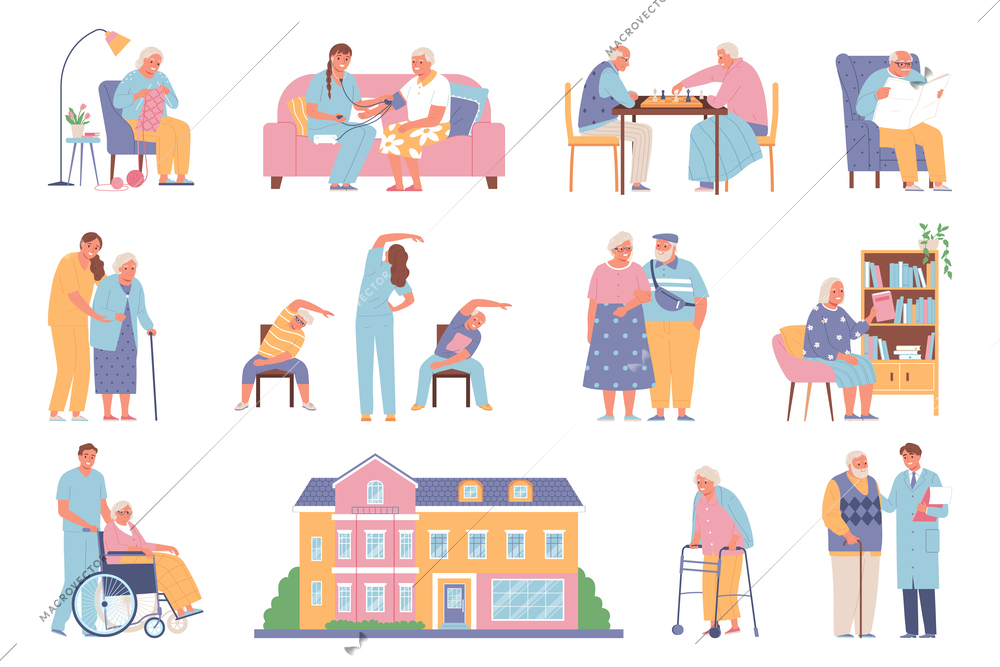 Nursing home flat icons set with pensioner and helping staff isolated vector illustration
