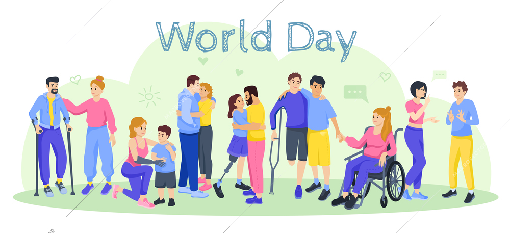 Handicapped people lifestyle flat composition with text chat bubbles and characters of persons vector illustration