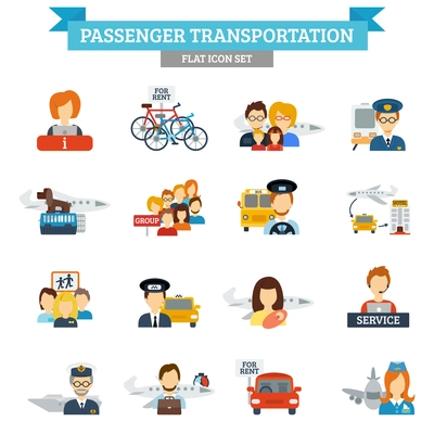 Passenger transportation icon flat set with transport drivers and passengers isolated vector illustration