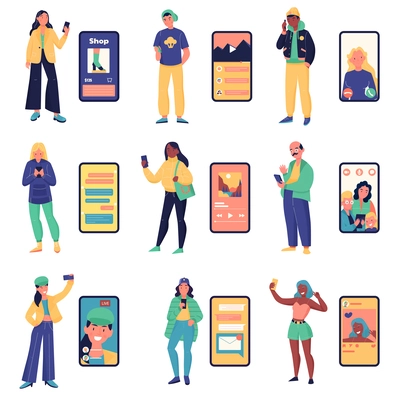 People and smartphones set of human characters charting in social media and making online purchases isolated vector illustration