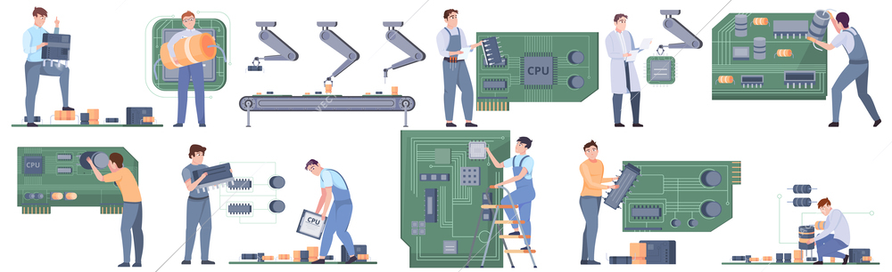 Micro chips assembly set with technical detail symbols flat isolated vector illustration