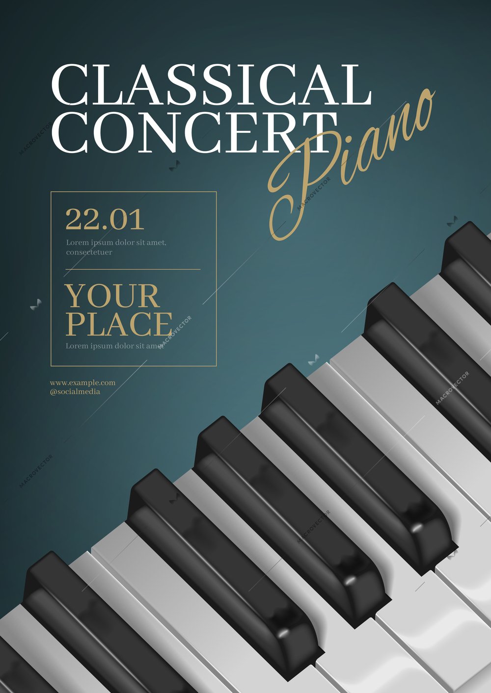 Realistic poster for concert or festival of classical music with piano keyboard 3d vector illustration