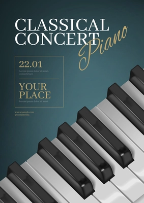 Realistic poster for concert or festival of classical music with piano keyboard 3d vector illustration