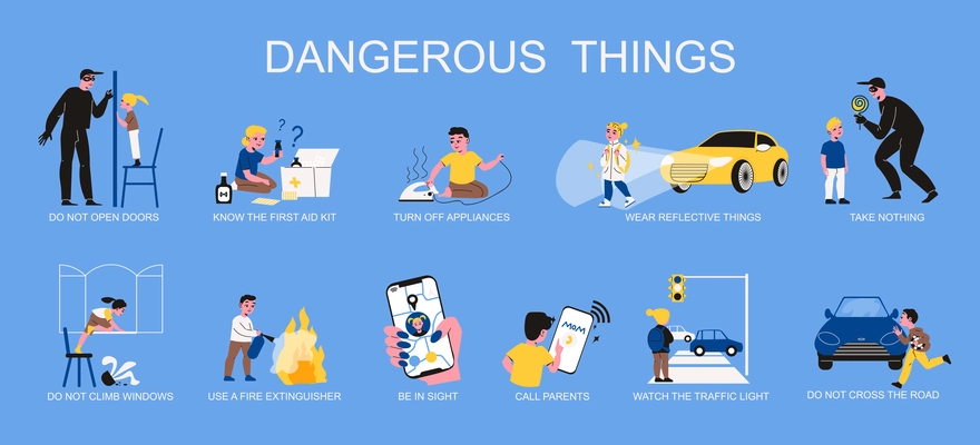 Dangerous things flat color set of situations threatening children safety indoor and outdoor isolated vector illustration