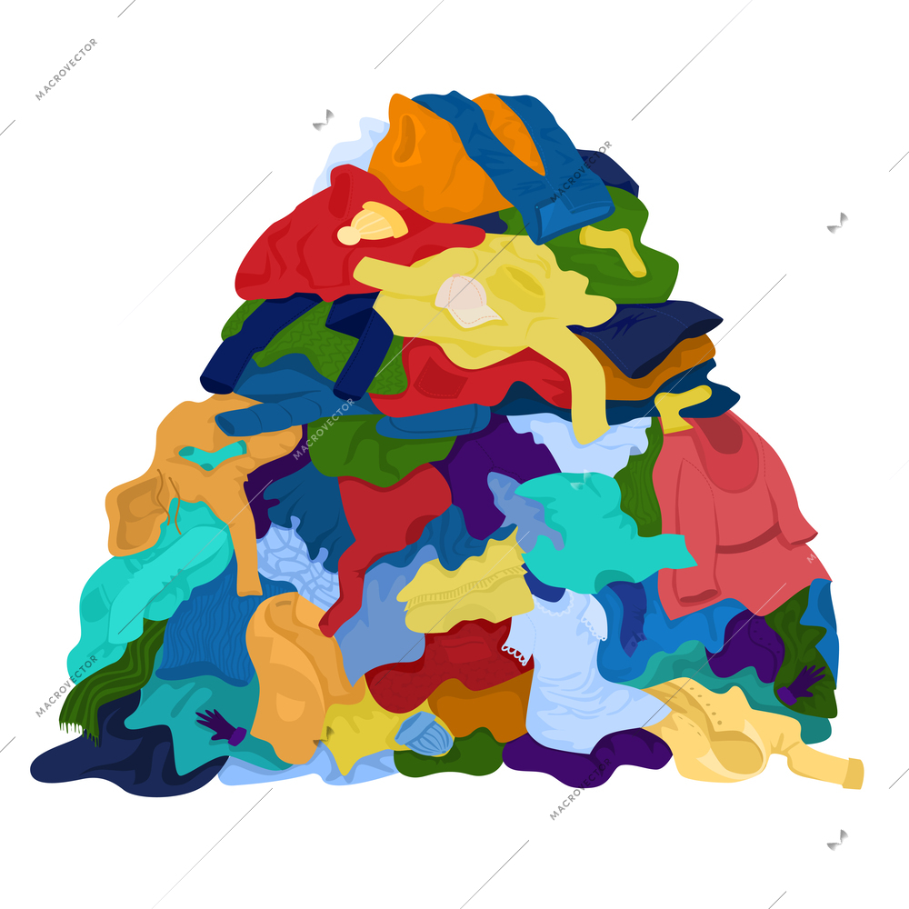 Laundry clothes pile flat composition with view of huge bunch of dirty clothes on blank background vector illustration