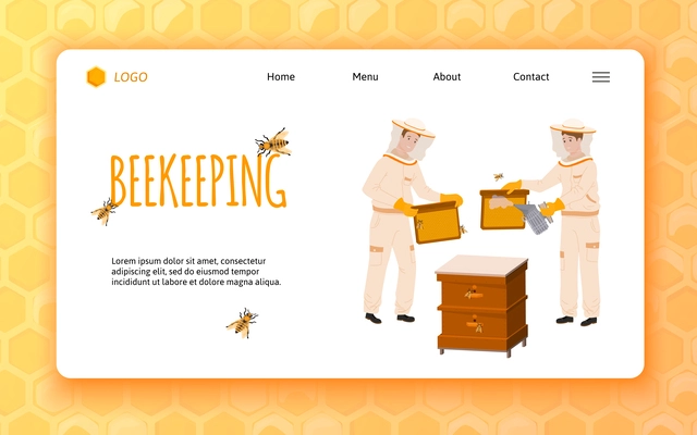 Beekeeping flat web site landing page with characters of beekeepers at work clickable links and text vector illustration