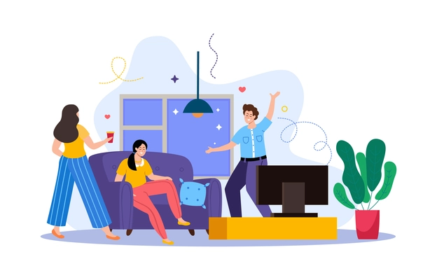 Relationship psychology flat home composition with two young characters trying to cheer up sad girl sitting on sofa vector illustration