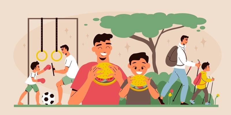 Fathers day flat background with boys spending time with their dads doing sports eating burgers hiking in forest vector illustration